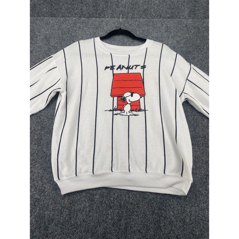Peanuts Snoopy Graphic Sweatshirt Womens Medium White Pinstripe Pullover 2900 - Picture 2 of 9
